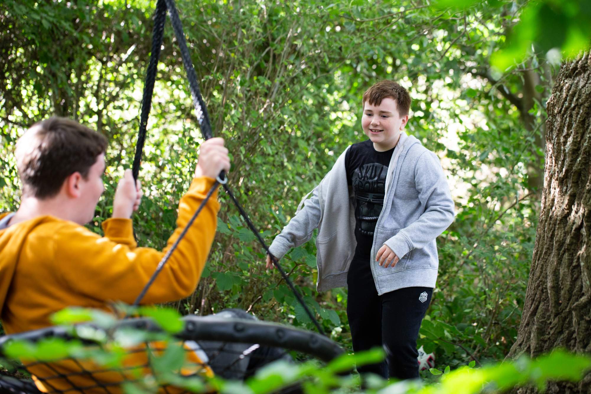 Two brothers playing on a swing
