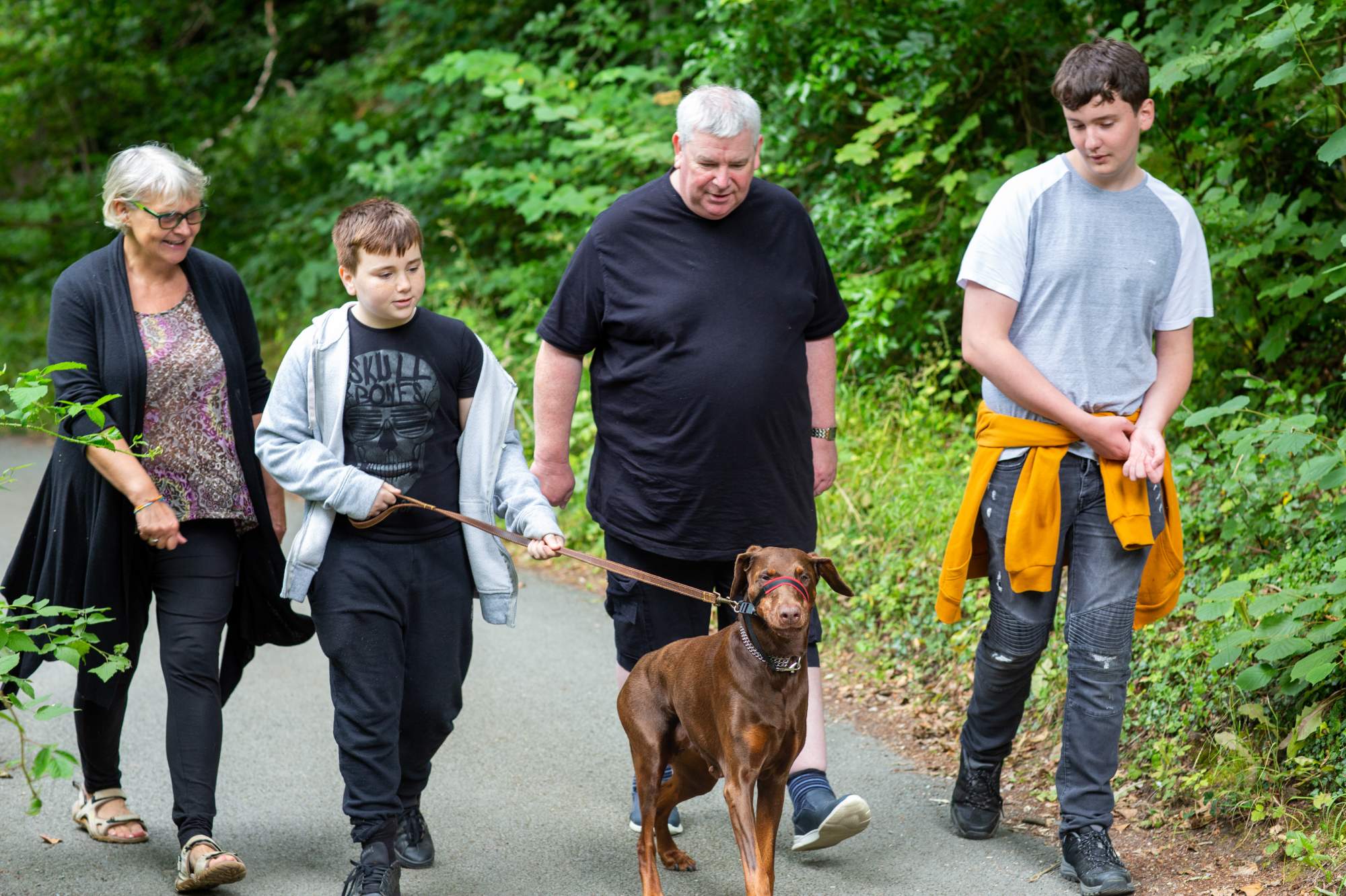 A family walking their dog in the woods