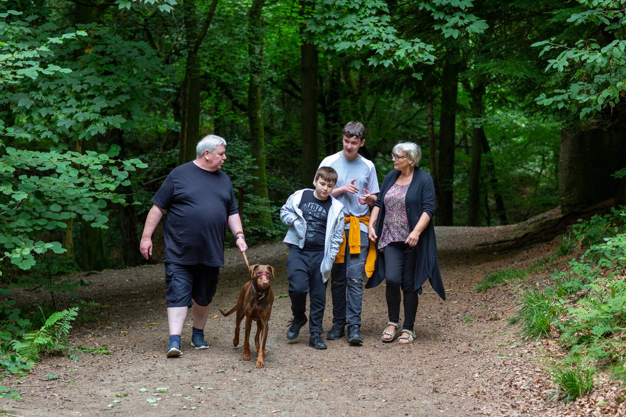 A family walking together in the woods