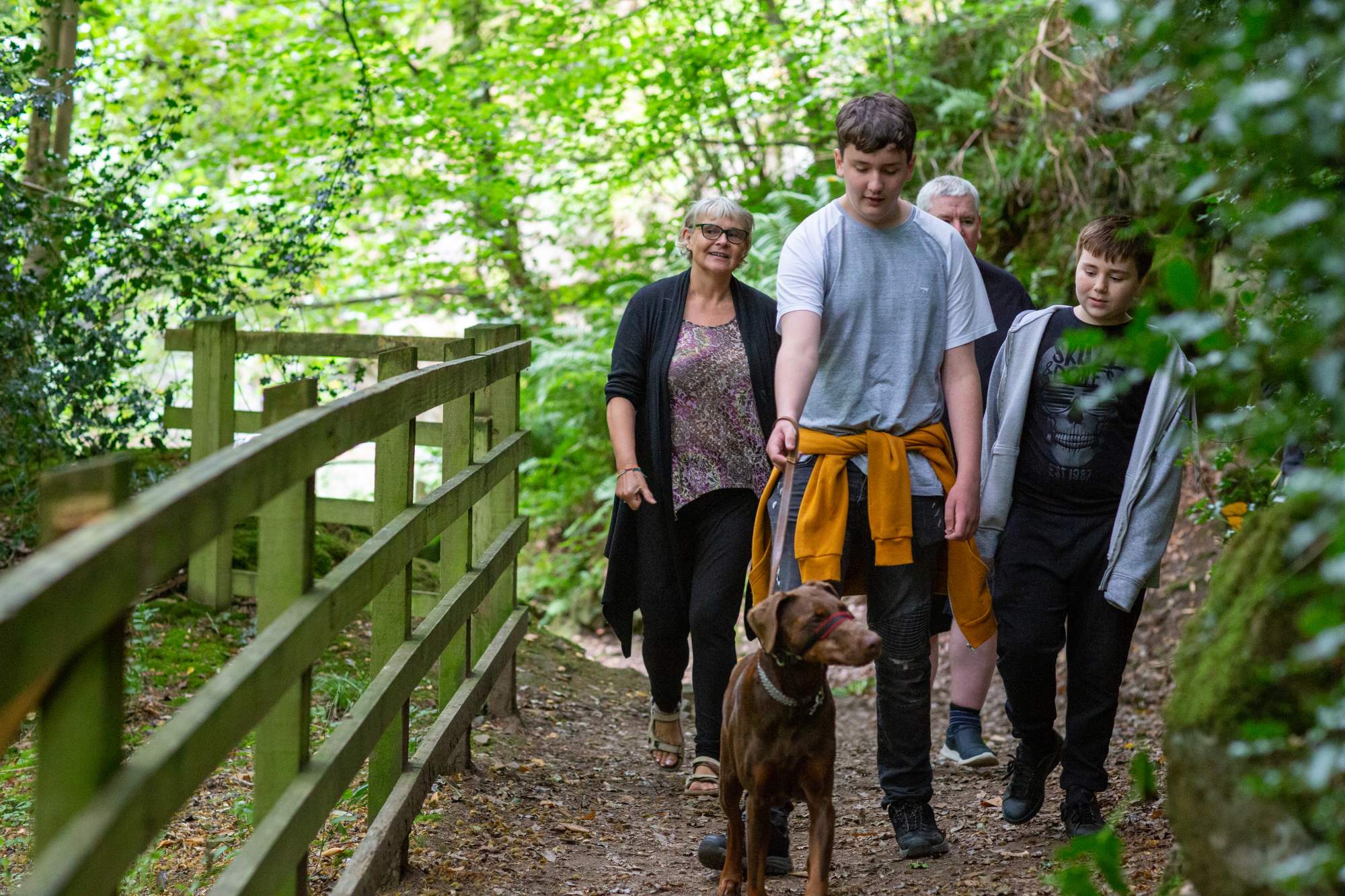 A family walking together in the woods