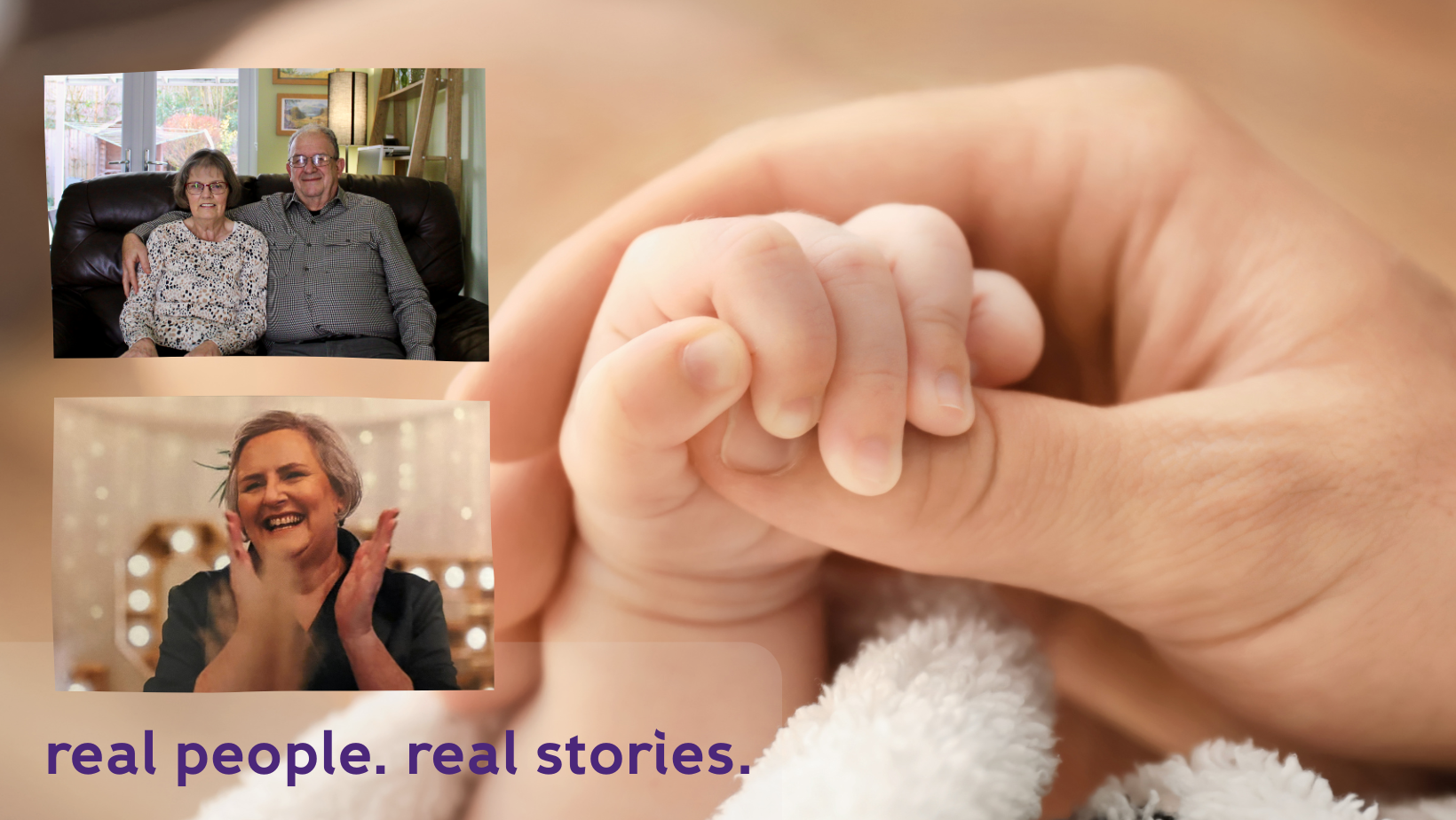 Adult holding a baby hand with photos of three foster carers who share their stories in the blog